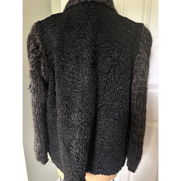 Vintage Persian lamb cable knit sleeves wool jacket coat vest black woman SZ L - Picture 5 of 16